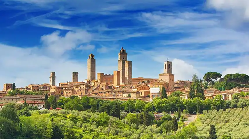 Scenic panorama of San Gimignano and its vineyards where vernaccia is produced